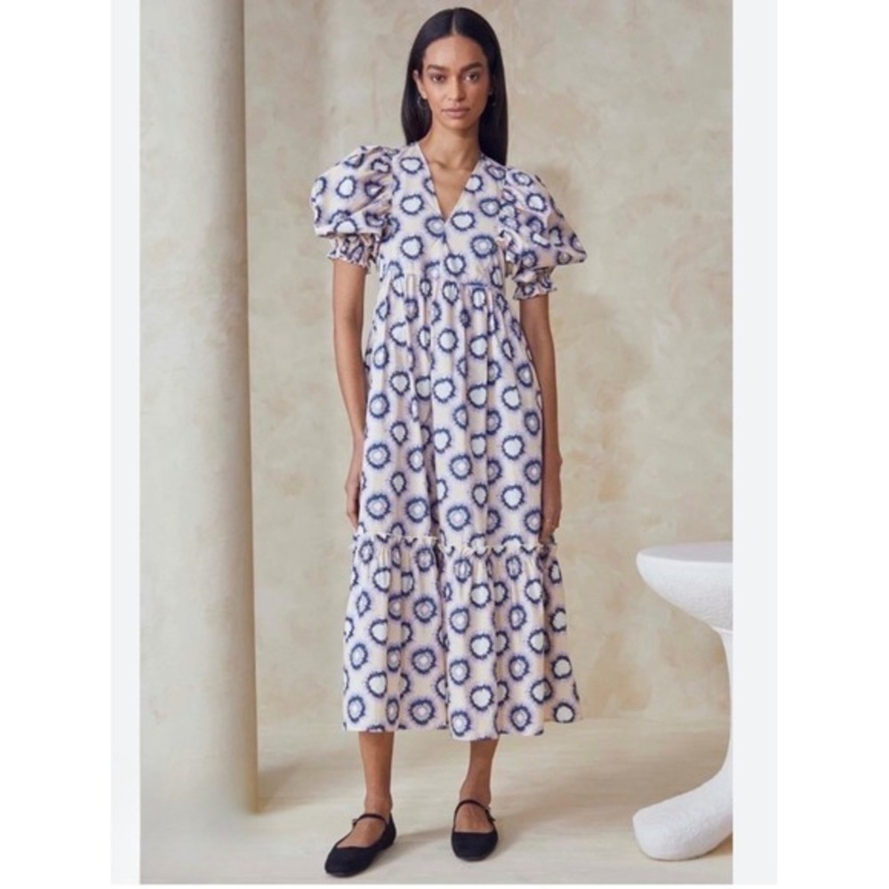 Hunter Bell Palmer London Rain Printed Smocked Puff Sleeve Maxi Dress Size M EUC